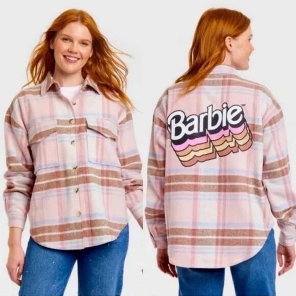 BARBIE size Medium oversized Graphic Shacket (Shirt & Jacket) Pink Plaid NEW